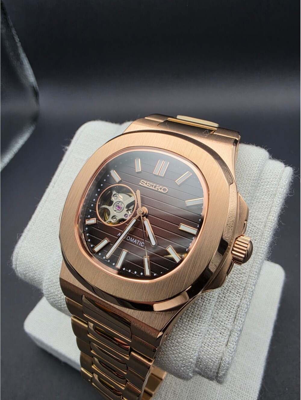 Custom Seiko Nautilus Rose Gold Open Heart Watch Mod